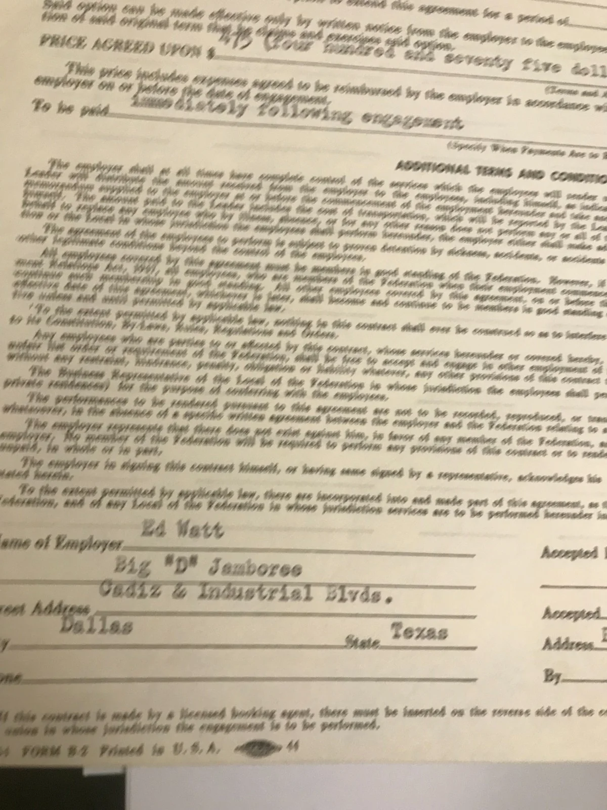 Watt employer — Jim Reeves Contract Big "D Jamboree 1958 Plantation Club 2 Performances Ed Watt, image 5