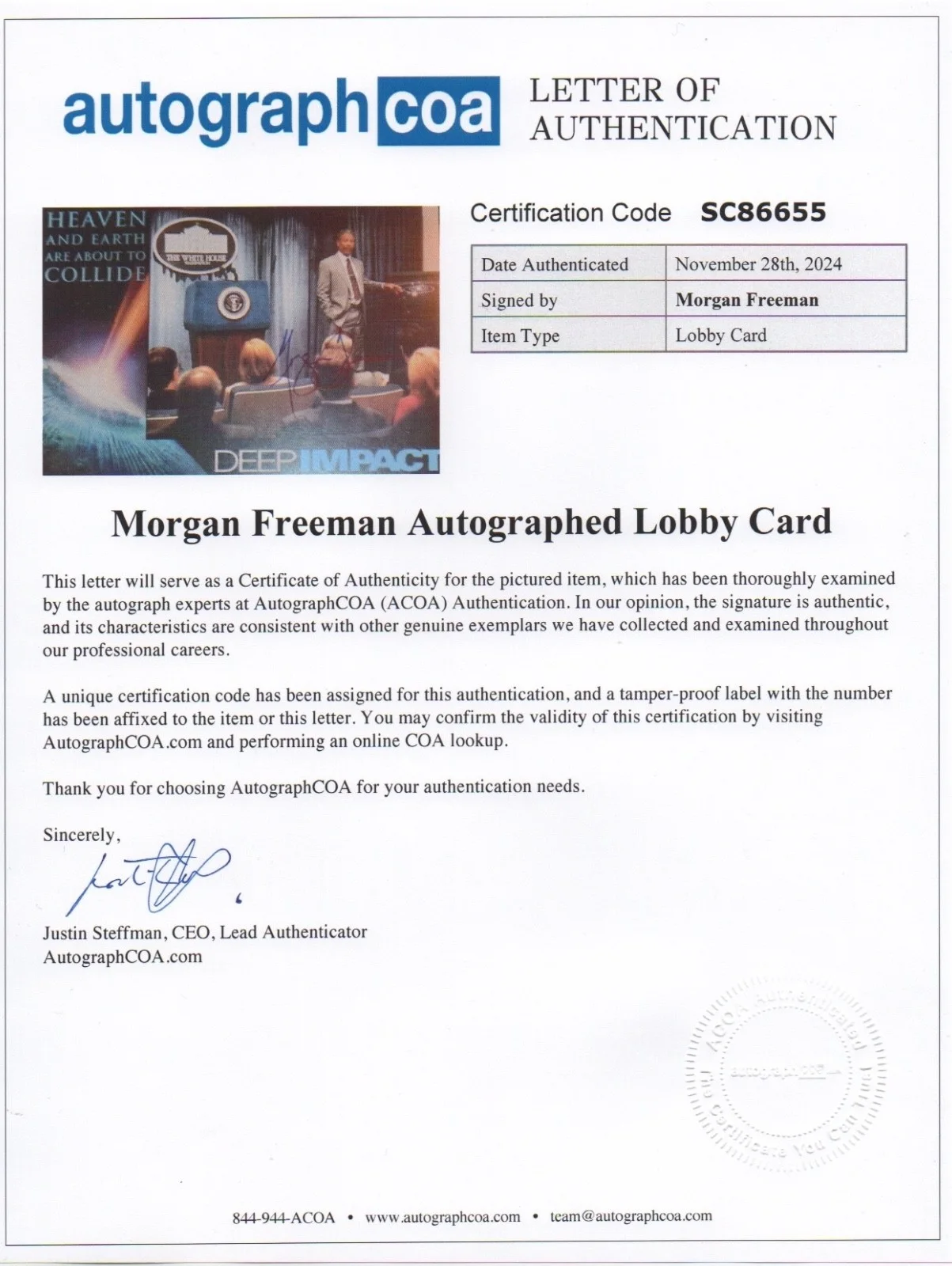 Morgan Freeman — MORGAN FREEMAN signed DEEP IMPACT 11x14 LOBBY CARD photo AUTOGRAPH ACOA LOA rare, image 2