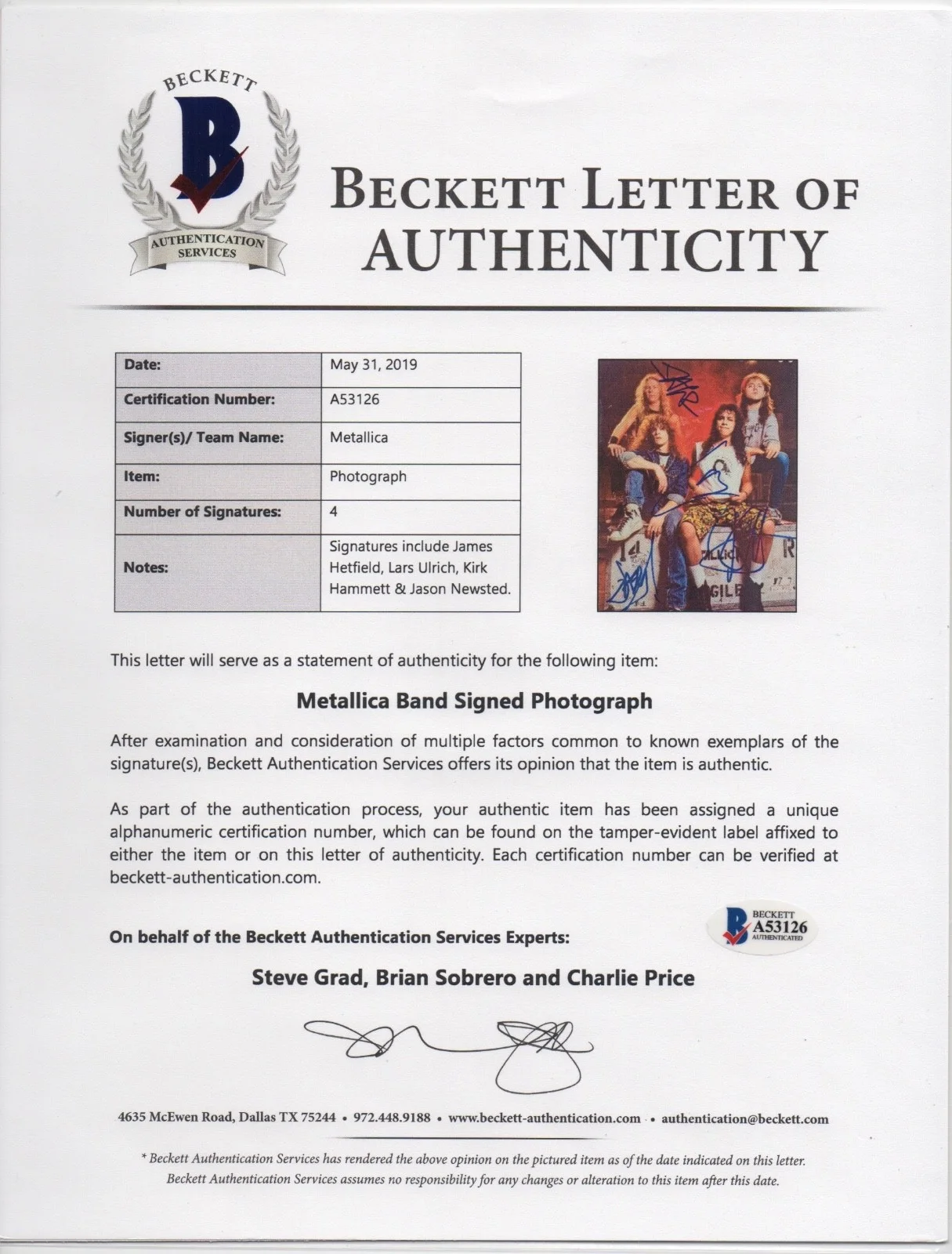 METALLICA x4 HETFIELD LARS KIRK JASON signed 8x10 AUTOGRAPH BAS Beckett RARE, image 2