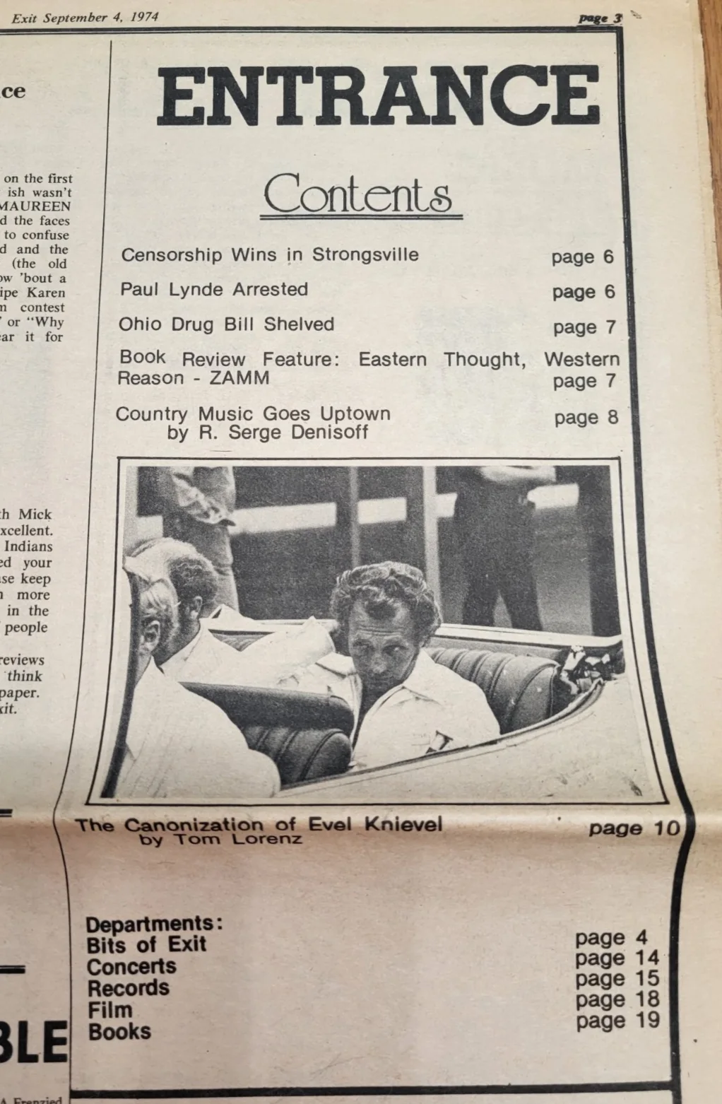 Evil Knievel — Vntg 1974 Ohio Pop Culture Zine EXIT - Evil Knievel Auto? Bad Co Pink Flamingos, изображение 3