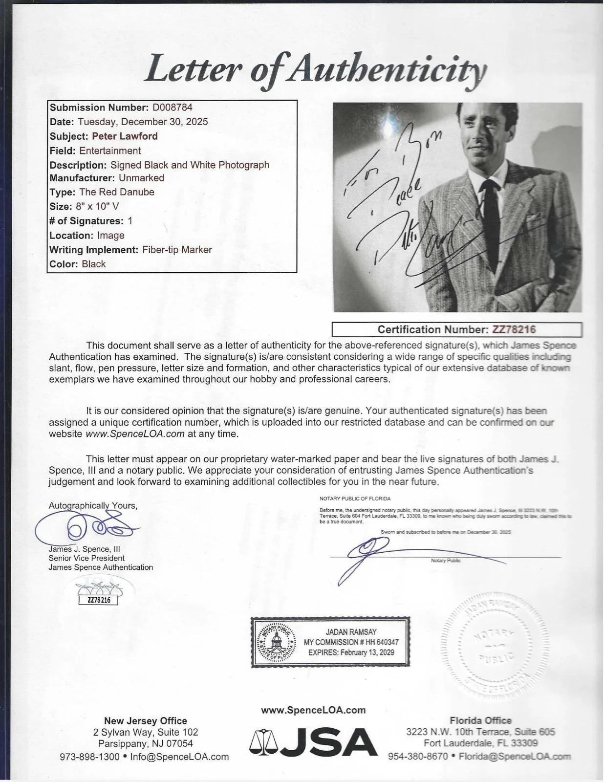 Peter Lawford Autographed 8x10 Photo JSA Letter Hollywood TV Actor Dancer, изображение 2