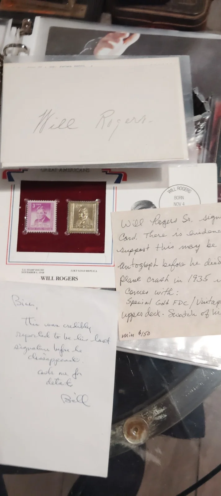 Will Rogers — will rogers last known autograph 22k replica gold stamp of pants and 3x5 photo