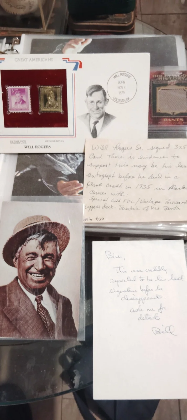 Will Rogers — will rogers last known autograph 22k replica gold stamp of pants and 3x5 photo, изображение 2