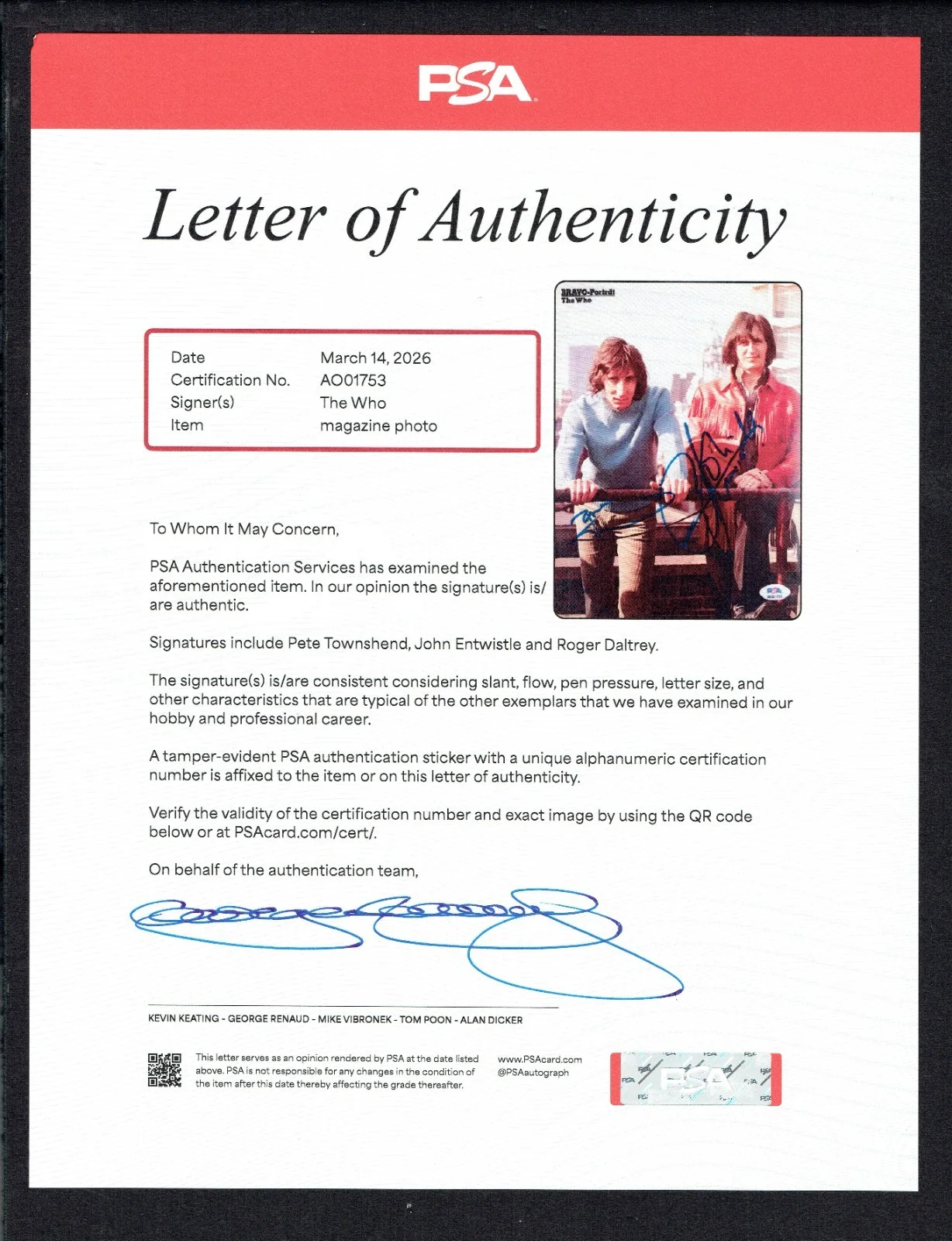 The WHO signed 11x17 Magazine Photo Townshend, Entwistle & Daltrey PSA Letter, изображение 5