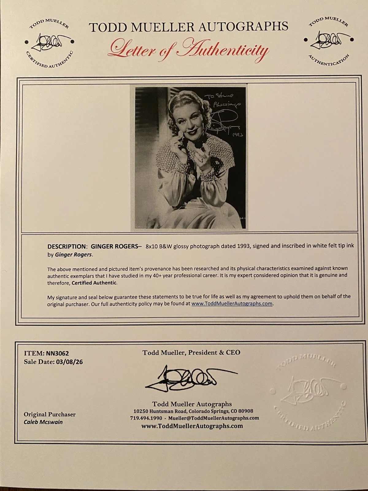 Ginger Rogers — Ginger Rogers Signed Autographed Photo With COA Vivacious Lady Kitty Foyle Top H, image 4