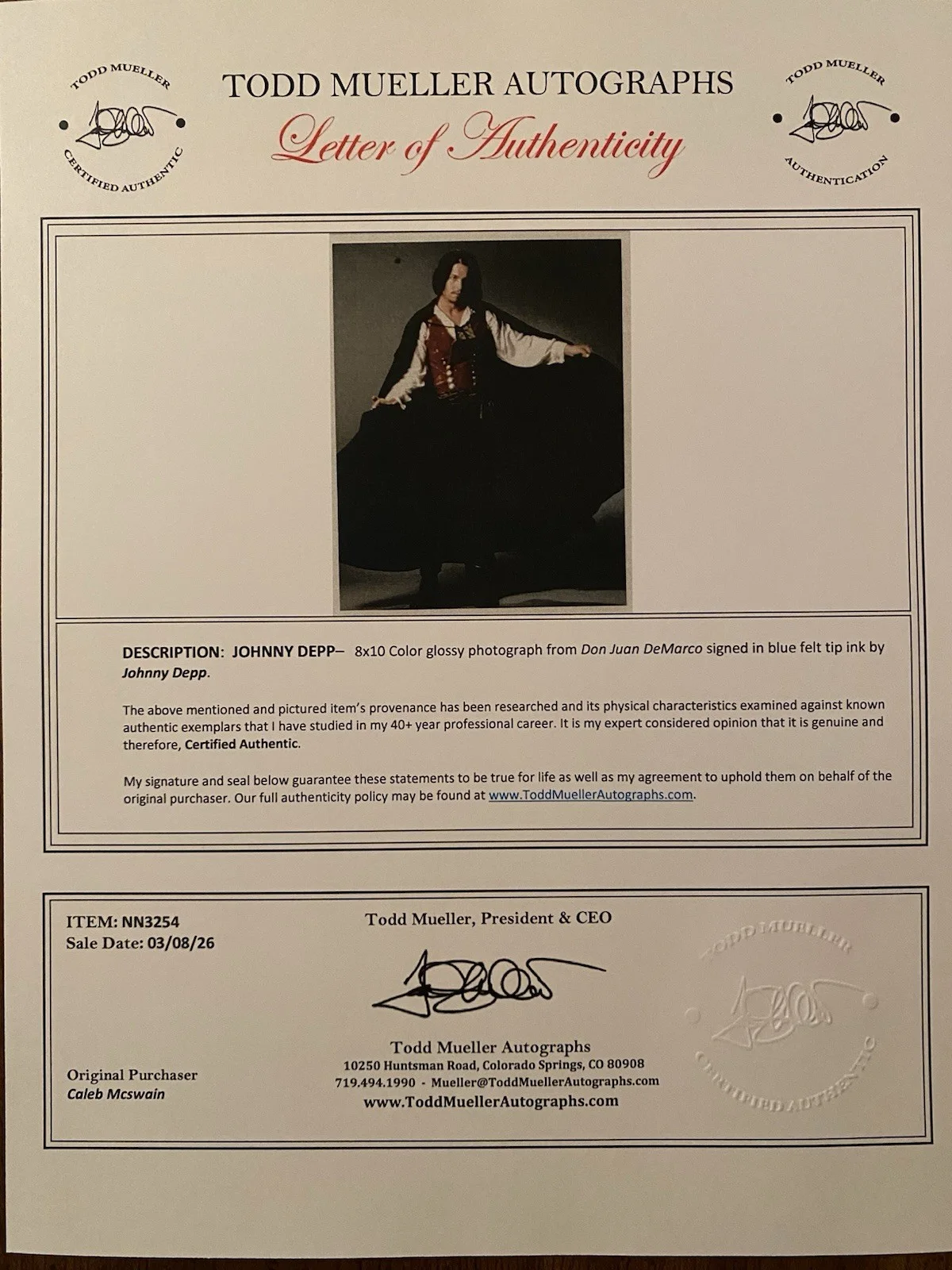 Johnny Depp — Johnny Depp Signed Autographed Photo With COA Don Juan Demarco, image 4
