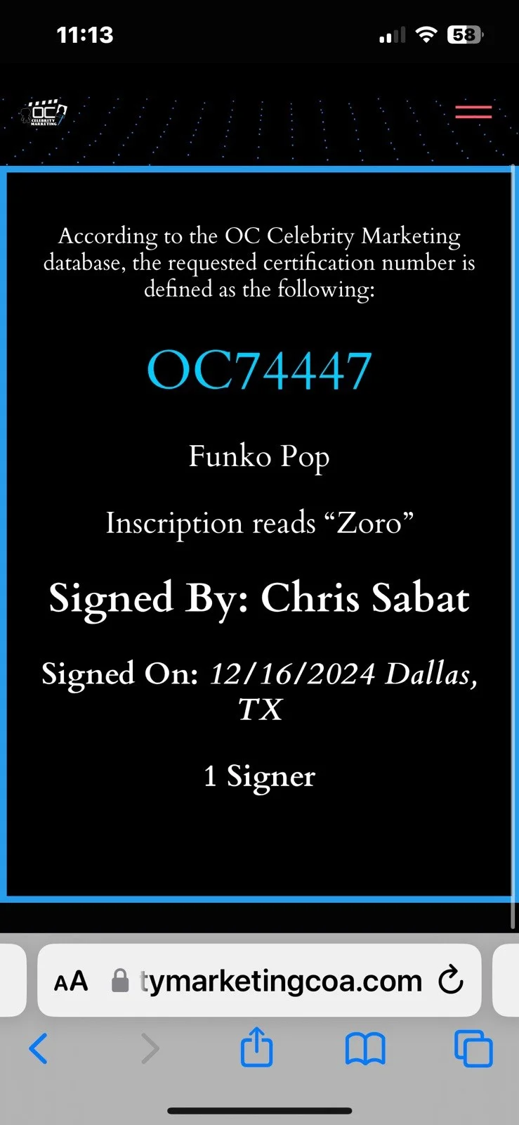 Christopher Sabat — Christopher Sabat Signed Funko One Piece Roronoa Zoro 1775 Chris Blue OC Cert 47, изображение 5