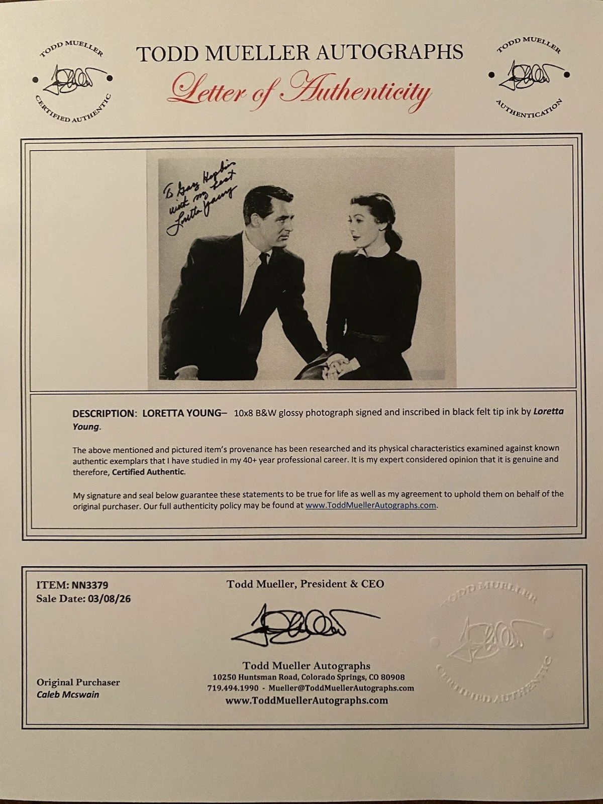 Loretta Young — Loretta Young Signed Autographed Photo w/ Cary Grant With COA The Bishop’s Wife, image 4