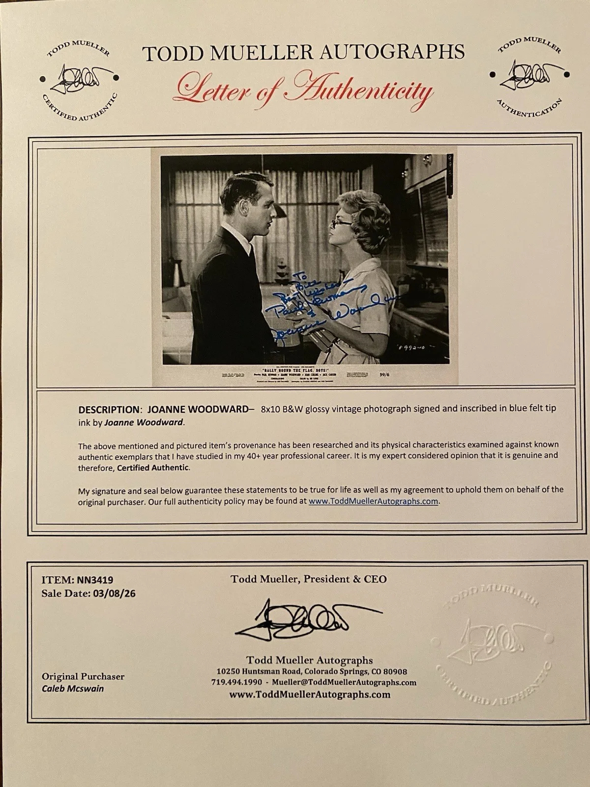 Joanne Woodward — Joanne Woodward Signed Autographed Photo With COA Rally Round The Flag Boys, изображение 4