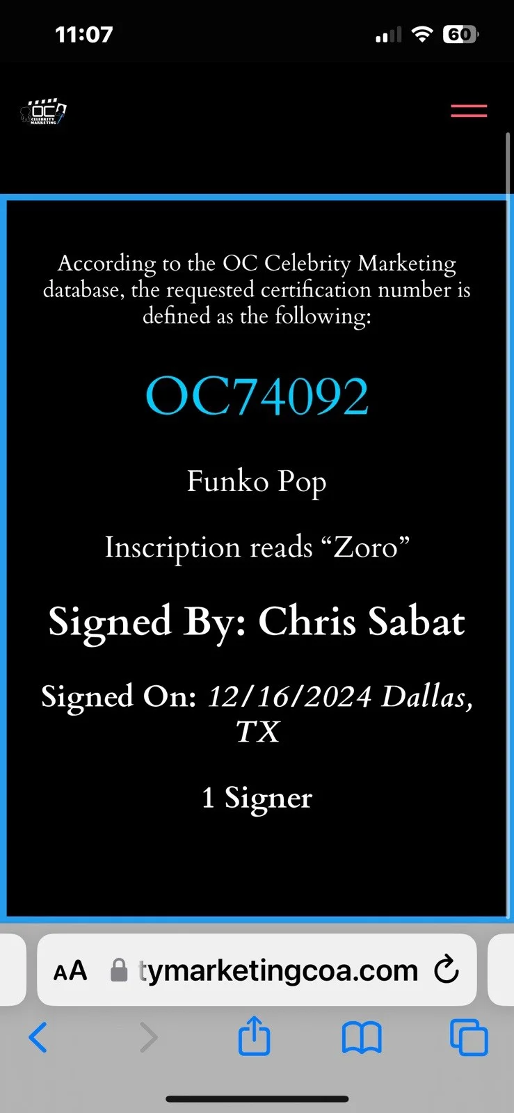Christopher Sabat — Christopher Sabat Signed Funko One Piece Roronoa Zoro 1775 Chris Blue OC Cert 92, изображение 5