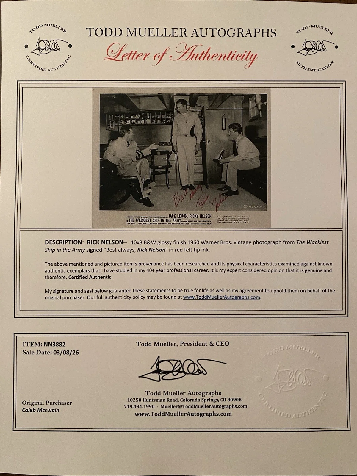 Ricky Nelson — Ricky Nelson Signed Autographed Photo w/ COA The Wackiest Ship In The Army RARE, изображение 5