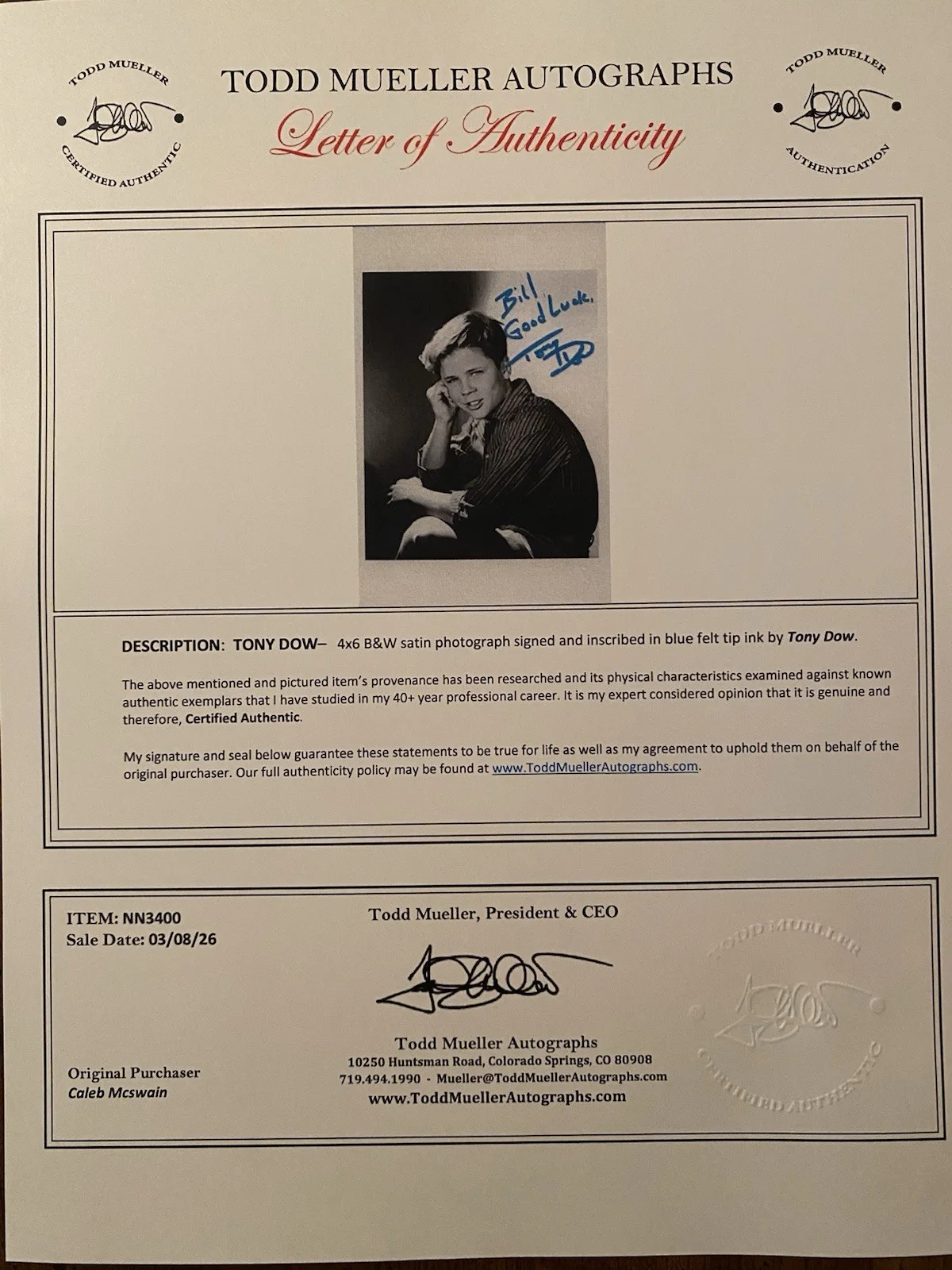 Tony Dow — Tony Dow Signed Autographed Photo With COA Wally Cleaver Leave It To Beaver, изображение 4