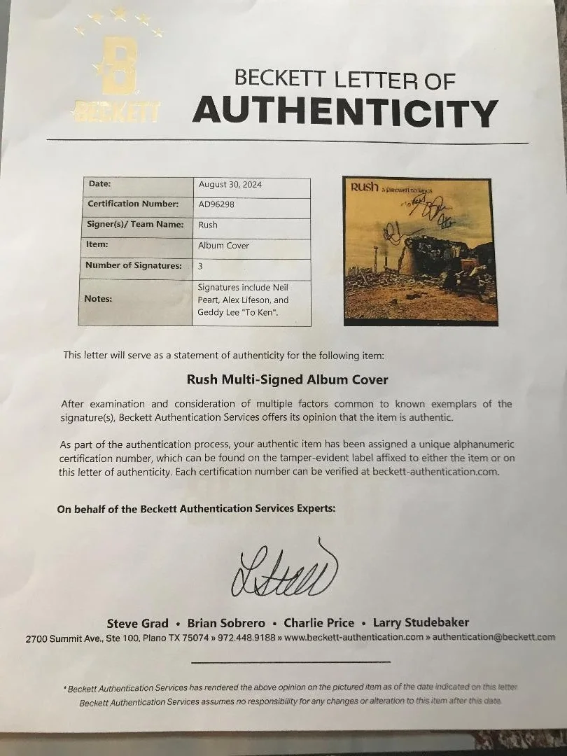 RUSH FULLY SIGNED "A FAREWELL TO KINGS" LP X3 FULL COA BECKETT AUTHENTICATION!!, изображение 3