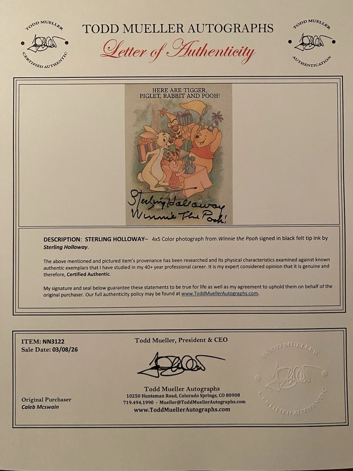 Sterling Holloway — Sterling Holloway Signed Autographed Photo With COA Winnie The Pooh VERY RARE, изображение 4