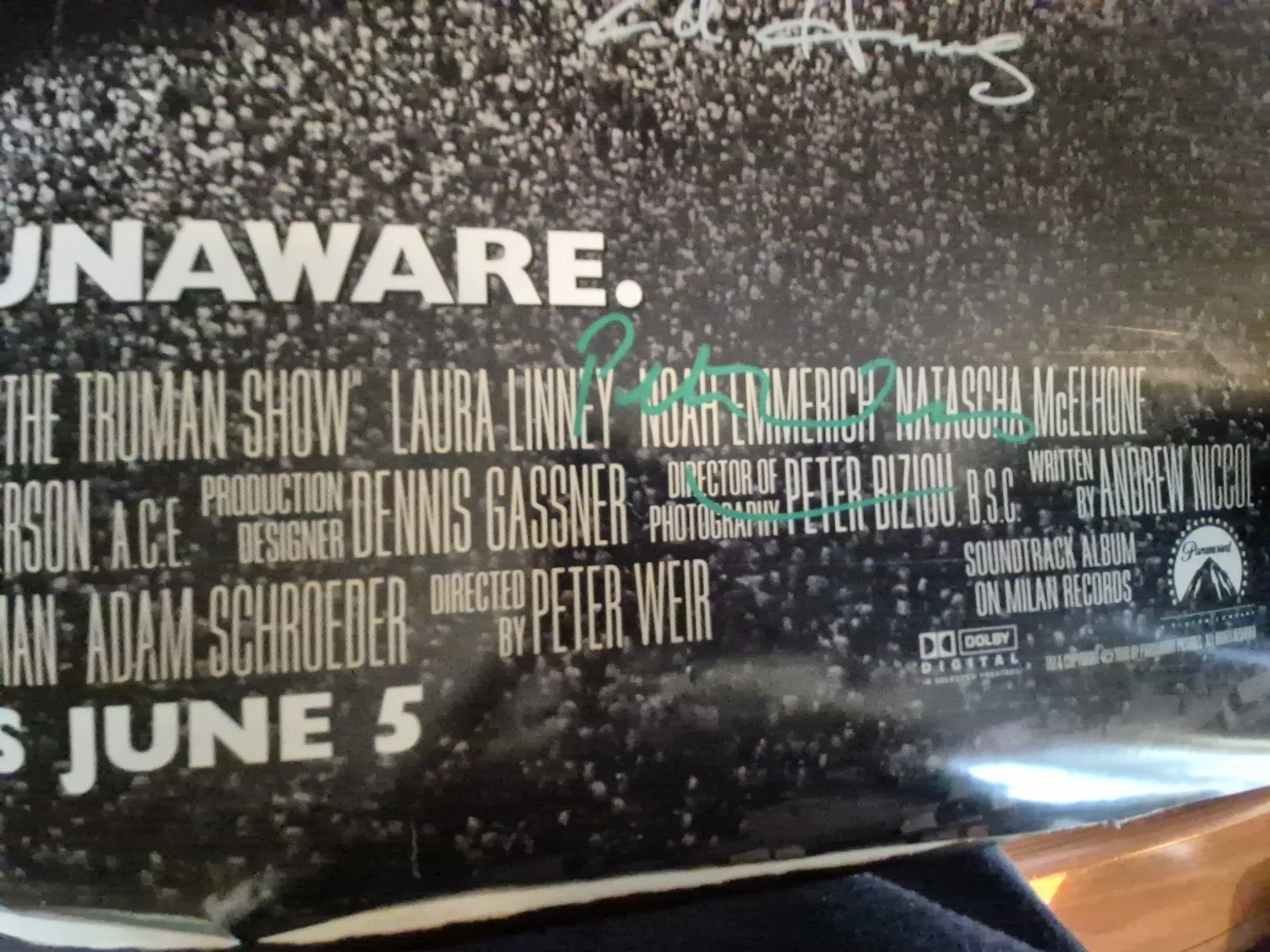 SEE BELOW — the TRUMAN SHOW-CAST SIGNED--MOVIE POSTER-w/COA ekim, изображение 2
