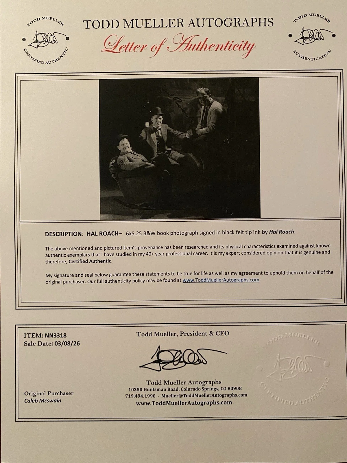 Hal Roach — Hal Roach Signed Autographed Photo With Laurel And Hardy With COA Our Gang, изображение 4