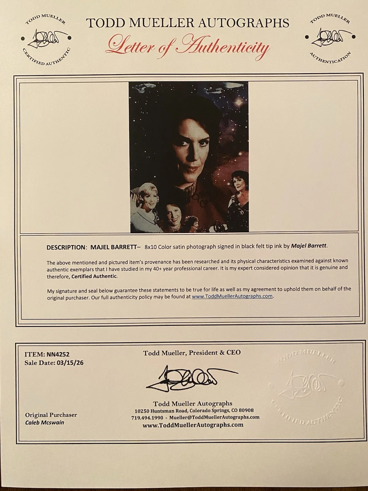 Majel Barrett — Majel Barrett Signed Autographed Photo With COA Star Trek The Original Series, image 4