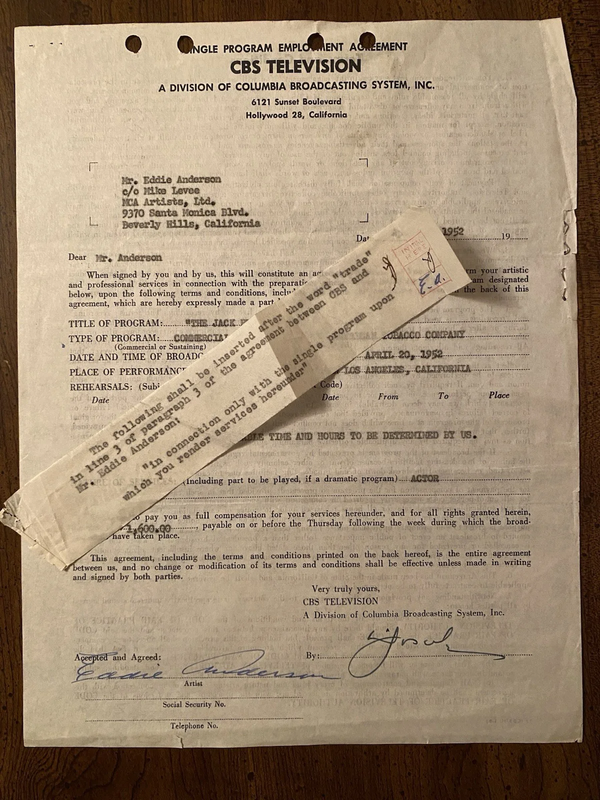 Eddie Anderson, Eddie Rochester Anderson — Eddie Rochester Anderson Signed Autographed CBS Contract Jack Benny Show RARE