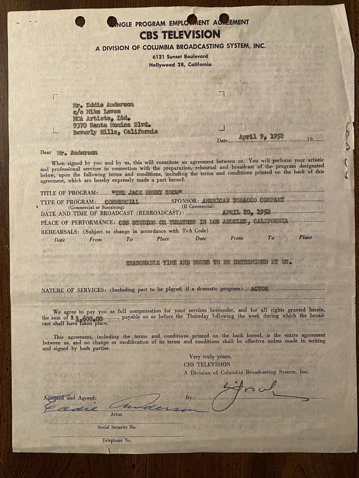 Eddie Anderson, Eddie Rochester Anderson — Eddie Rochester Anderson Signed Autographed CBS Contract Jack Benny Show RARE, изображение 2