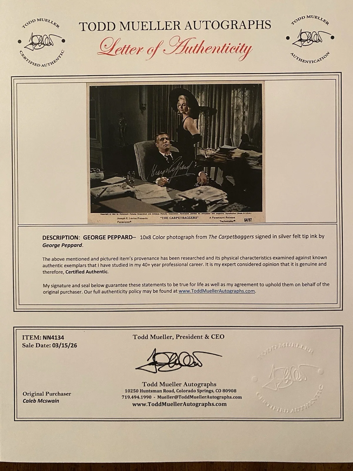George Peppard — George Peppard Signed Autographed Vintage Photo With COA The Carpetbaggers, image 4