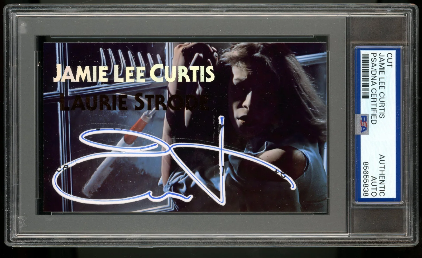 Jamie Lee Curtis — Jamie Lee Curtis Signed Laurie Strode Halloween Custom Trading Card PSA Slab 1/1