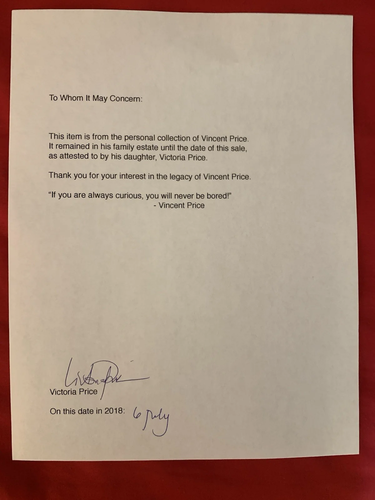 Vincent Price Estate End Of Life Letter To Corresponding Fans! 14L, изображение 2