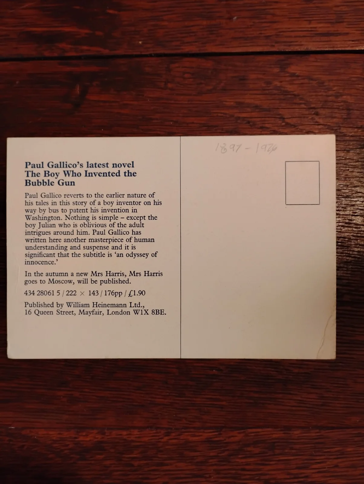 Paul Gallico — Vintage Paul Gallico Signed 6 X 4 Post Card Novelist Screenwriter Sports Writer, изображение 2