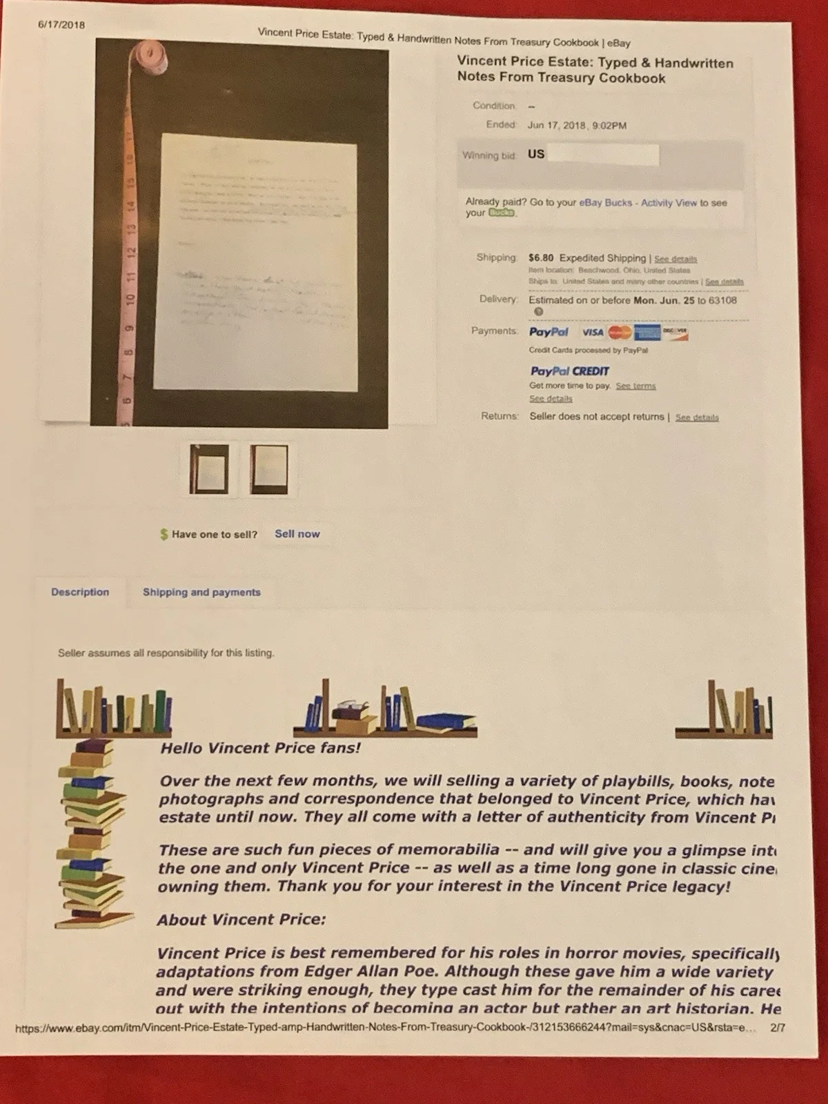 Vincent Price — Vincent Price Estate Typed Manuscript With Handwriting From Famous Cookbook! 14k, изображение 5