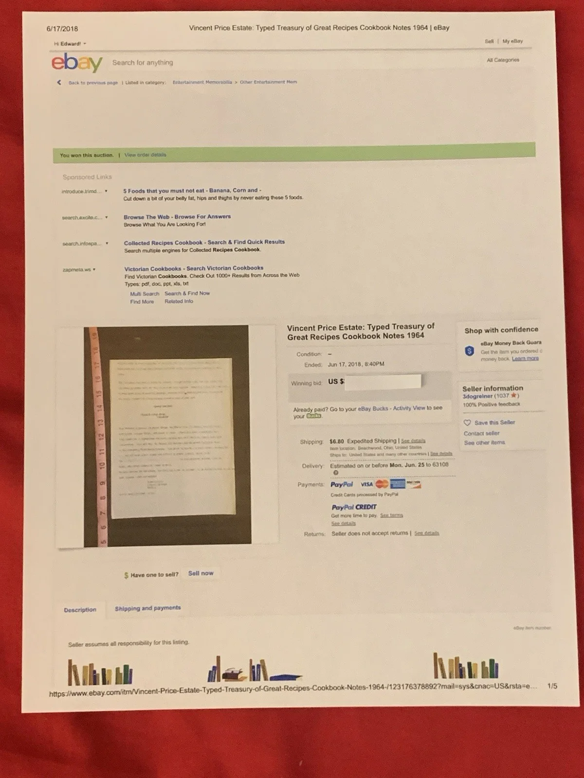 Vincent Price — Vincent Price Estate Typed Manuscript With Annotations From Cookbook! 14i, изображение 5