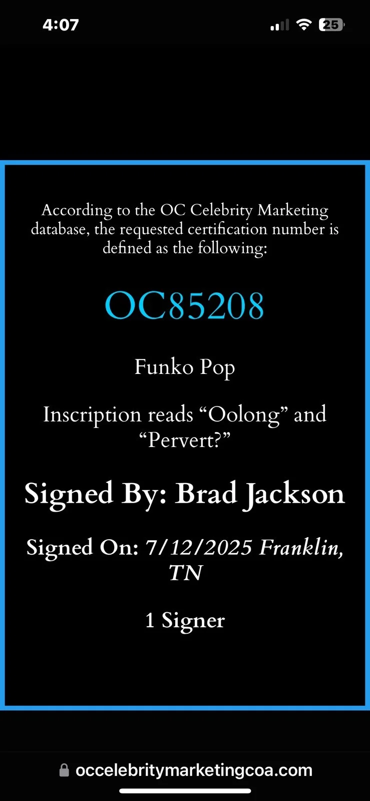 Brad Jackson — Funko Pop Dragon Ball Oolong #1924 Signed Brad Jackson W/ Quote OCCM COA Teal, image 4