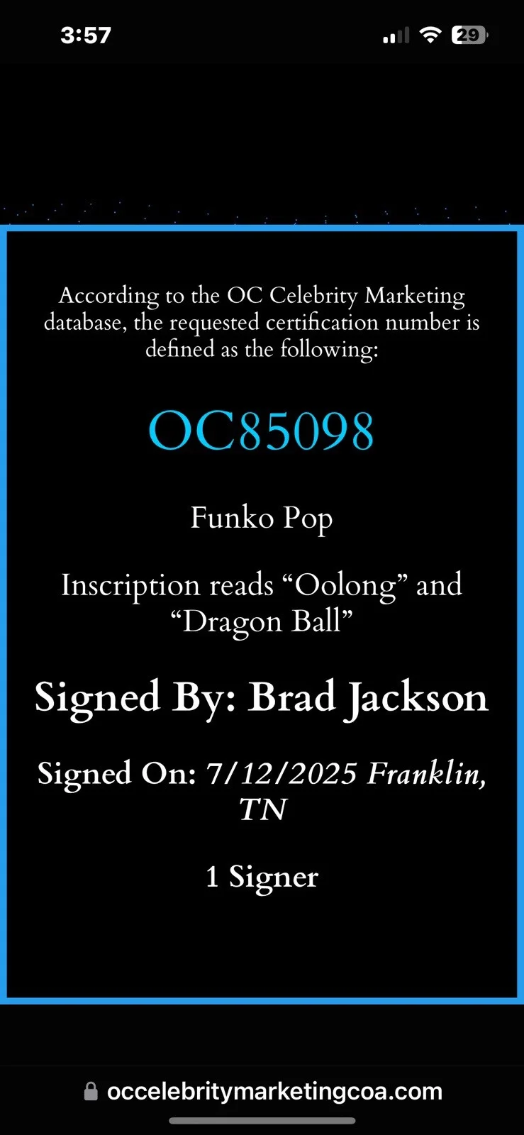 Brad Jackson — Funko Pop Dragon Ball Oolong #1924 Signed Brad Jackson W/ Quote OCCM COA Orange, изображение 3
