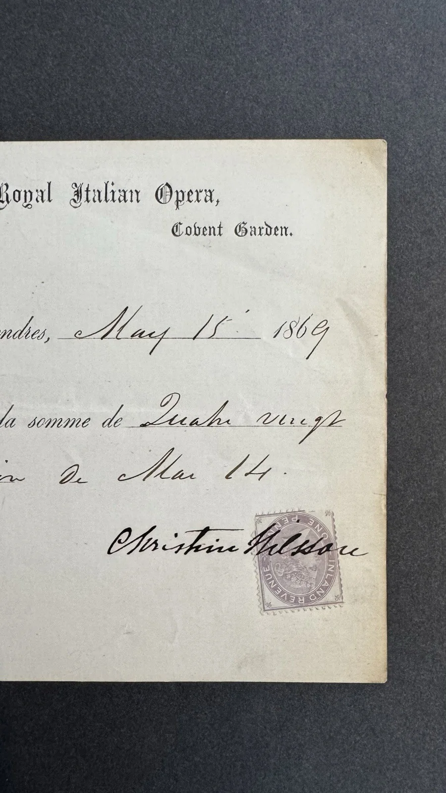 Christine Nilsson Signed Receipt 1869 Royal Italian Opera Covent Garden Lucia, изображение 2