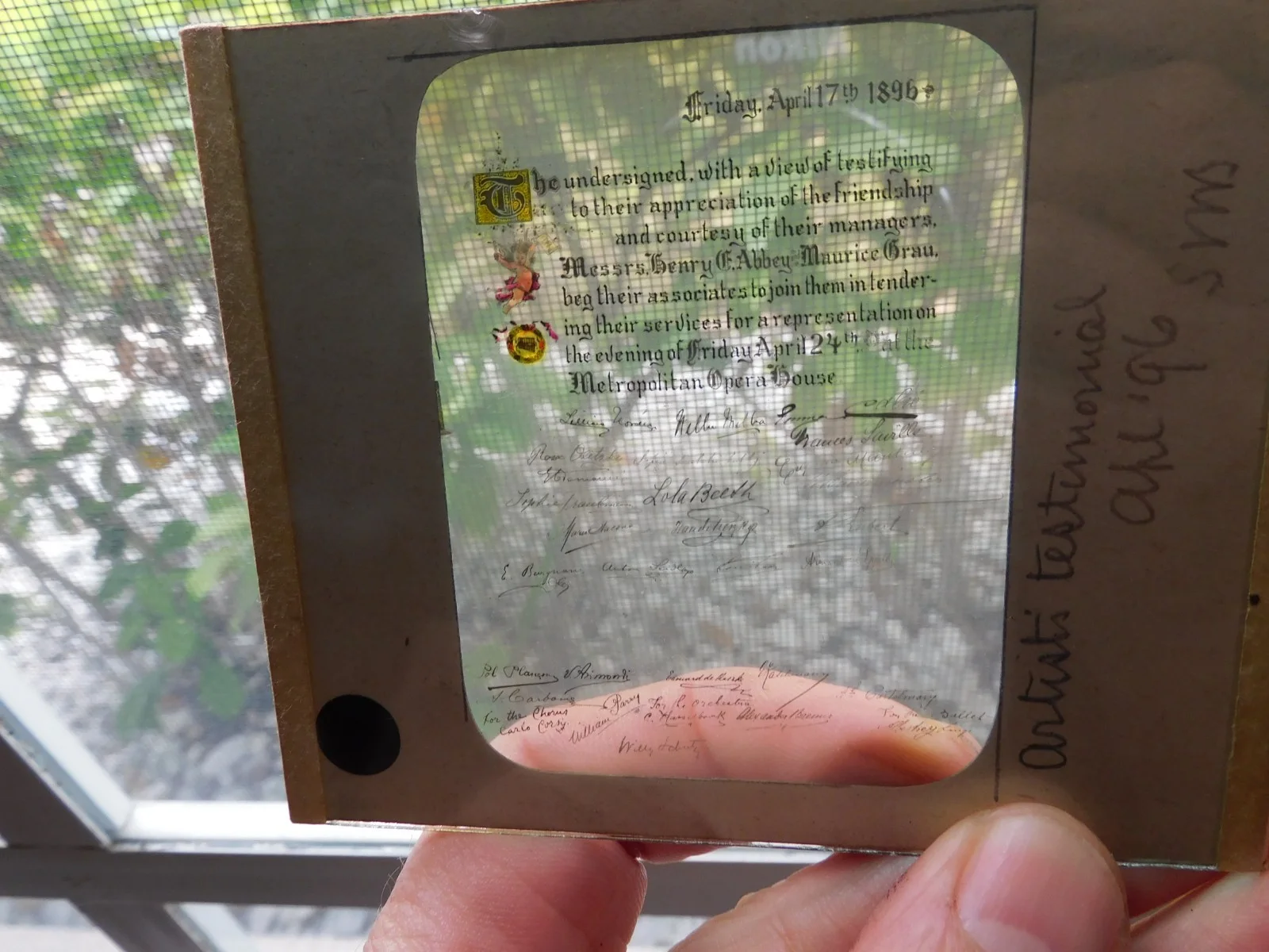 DATED 1896 OPERA SINGERS ARTIST'S TESTIMONIAL AUTOGRAPHS ON A GLASS SLIDE- RARE!, image 2