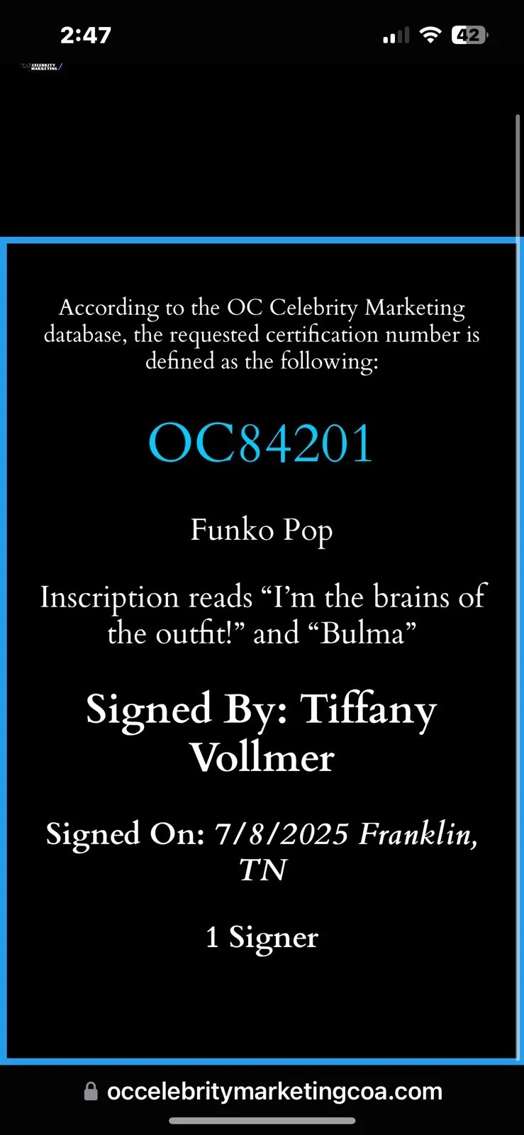 Tiffany Vollmer — Tiffany Vollmer Signed Dragon Ball - Bulma 1923 Funko Pop OCCM White Autograph, image 4
