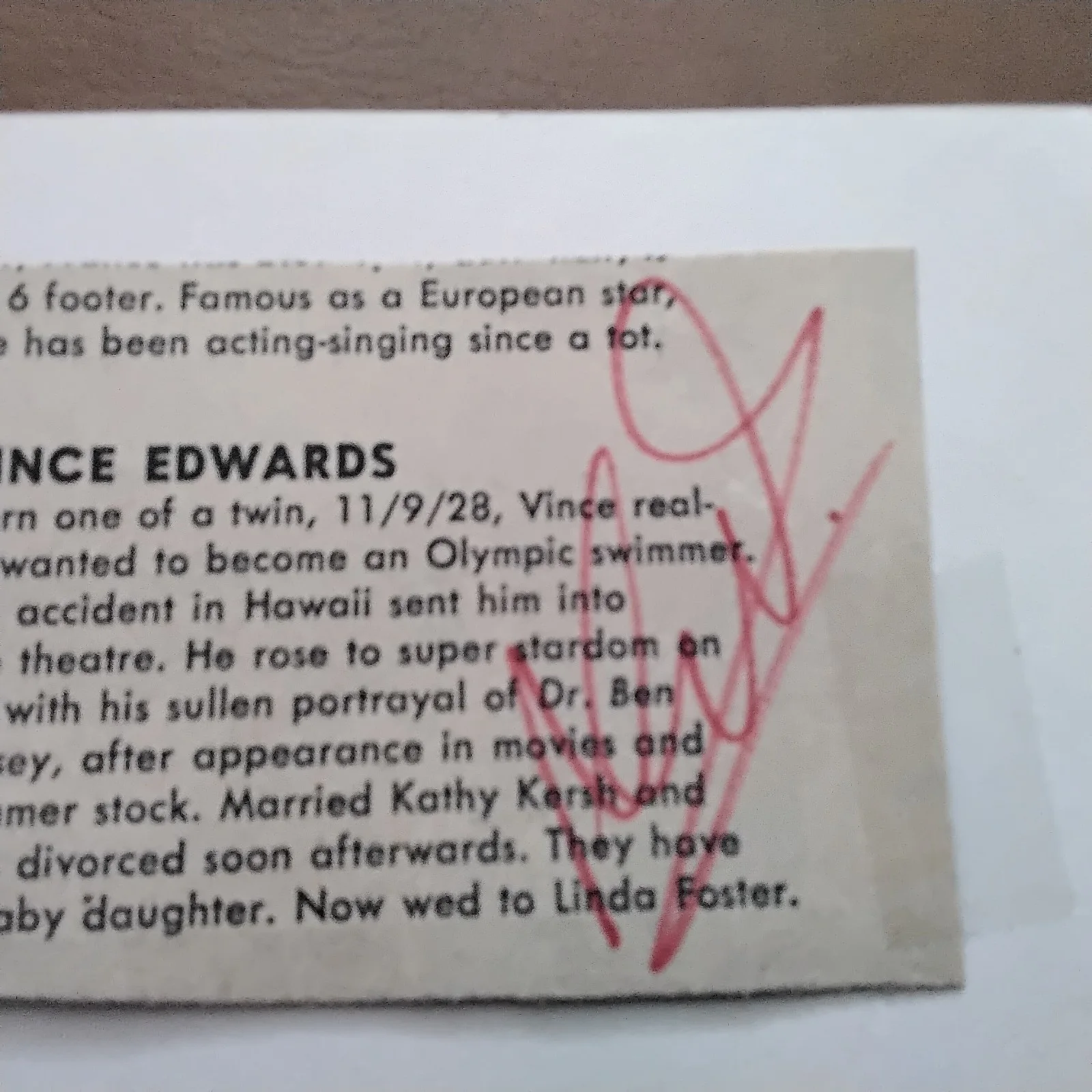 Vince Edwards SIGNED Paper 60s Movie TV Actor Ben Casey Hammerhead The Victors, изображение 4