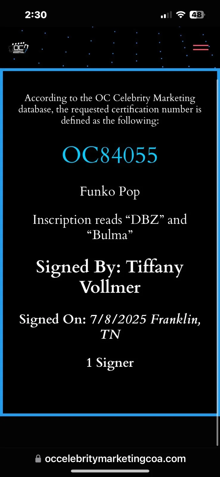 Tiffany Vollmer — Tiffany Vollmer Signed Dragon Ball - Bulma 1286 FYE Exclusive Funko Pop OCCM, изображение 4