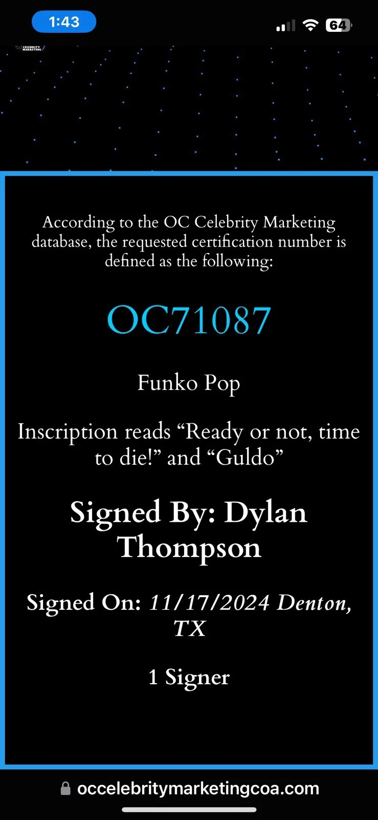 Dylan Thompson — Signed DYLAN THOMPSON Guldo Dragonball Z 1491 Funko Pop Autograph OCCM Orange, image 3