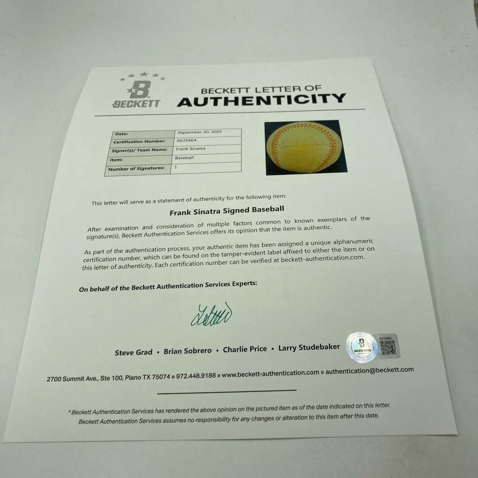 Frank Sinatra Single Signed Autographed Baseball Beckett COA RARE, image 5