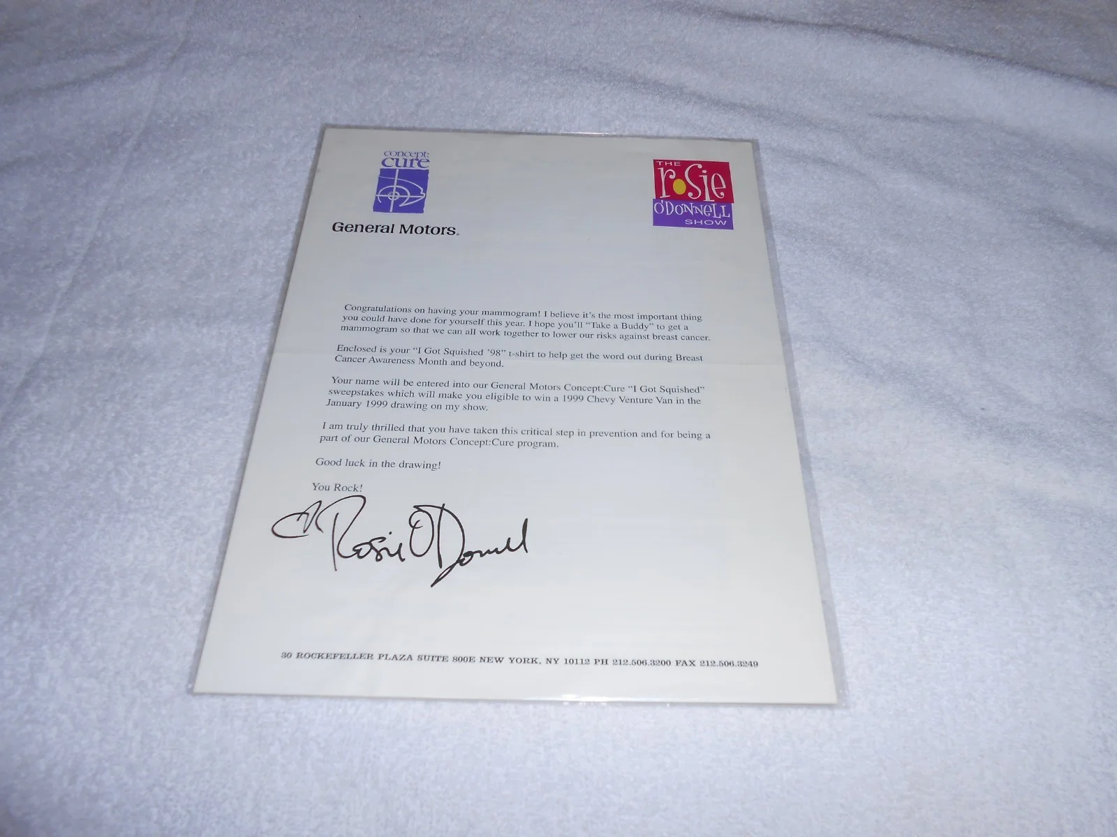 ROSIE O'DONNELL SIGNATURE AUTOGRAPH & LETTER CONCEPT CURE GENERAL MOTORS, изображение 2