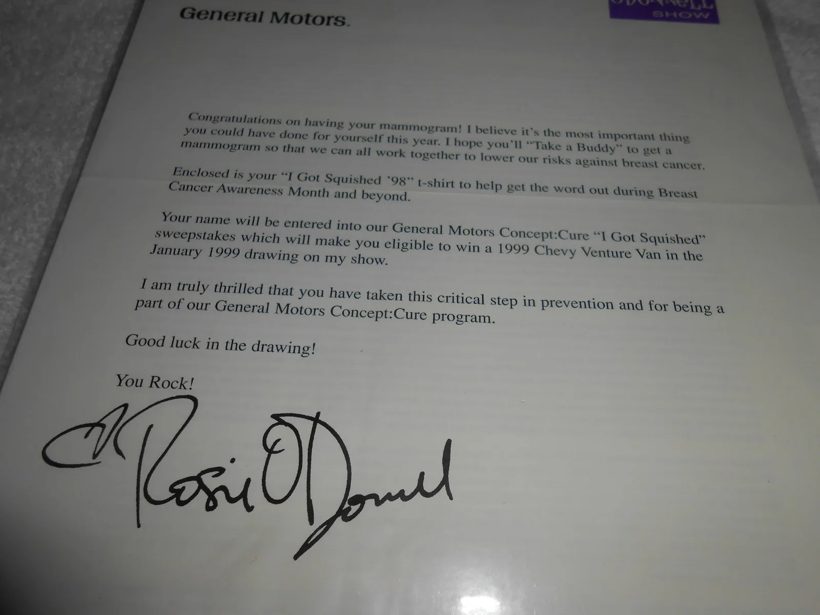 ROSIE O'DONNELL SIGNATURE AUTOGRAPH & LETTER CONCEPT CURE GENERAL MOTORS, изображение 3