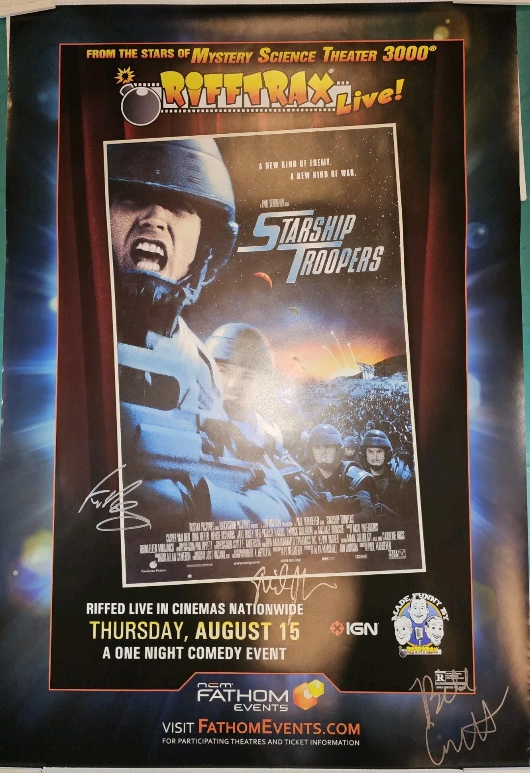 Casper Van Dien, Dina Meyer, Denise Richards — Riff Trax Starship Troopers 2 Sided Movie Poster Autographed by 3 Cast Riffers