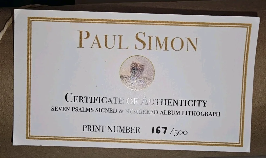 PAUL SIMON SIGNED SEVEN PSALMS LITHOGRAPH 167/500 25"x25" +Vinyl Certificated, изображение 3