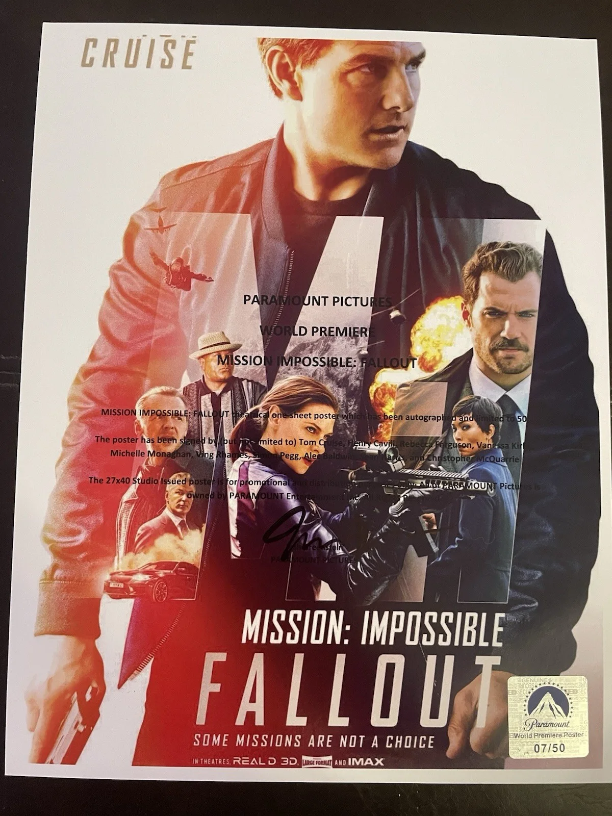 Mission Impossible Fallout Signed Premiere Poster Tom Cruise Cavill COA, image 3