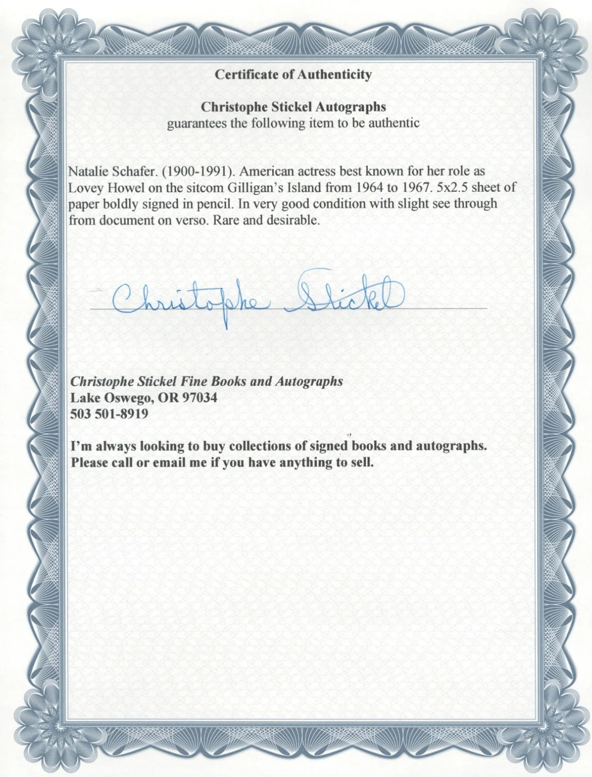 Natalie Schafer. Gilligan's Island. 5x2.5 sheet of paper signed in pencil. COA, изображение 2