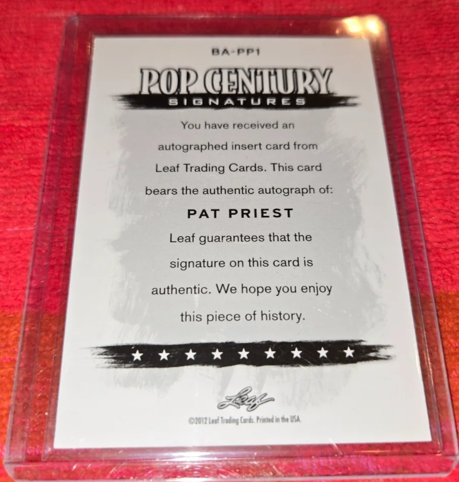 PAT PRIEST — 2012 POP CENTURY AUTOGRAPHED CARD OF PAT PRIEST CLEAN SIGNED CARD, image 2