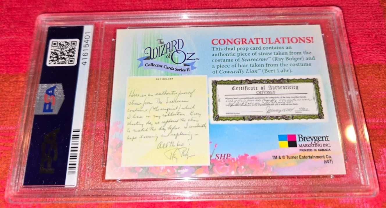 BREYGENT WIZARD OF OZ PROP CARD SCARECROW STRAW & HAIR FROM COWARDLY LION PSA 9, изображение 3