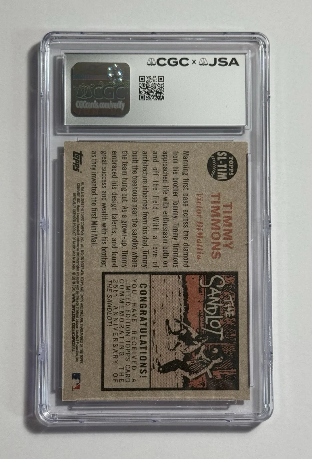Victor DiMattia — Victor DiMattia Autograph Signed 2018 Topps Archives Sandlot Card “Timmy” CGC -1, изображение 2
