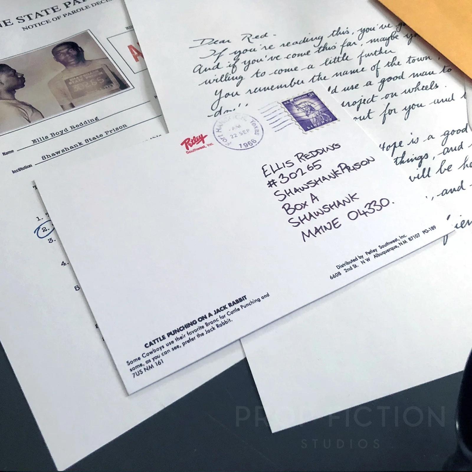 Shawshank Redemption - Red’s Postcard / Parole Form / Prop Letter Replica Set, image 3