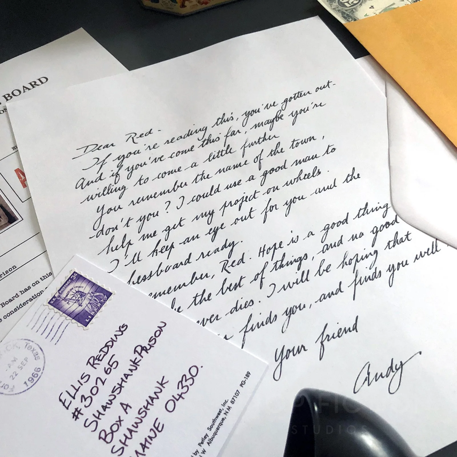 Shawshank Redemption - Red’s Postcard / Parole Form / Prop Letter Replica Set, image 4