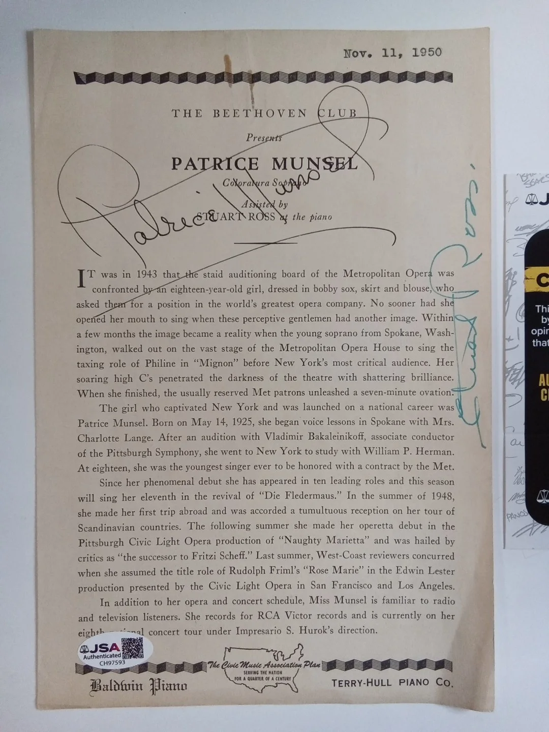 Patrice Munsel & Stuart Ross Metropolitan Opera Soprano Signed Program JSA, image 2